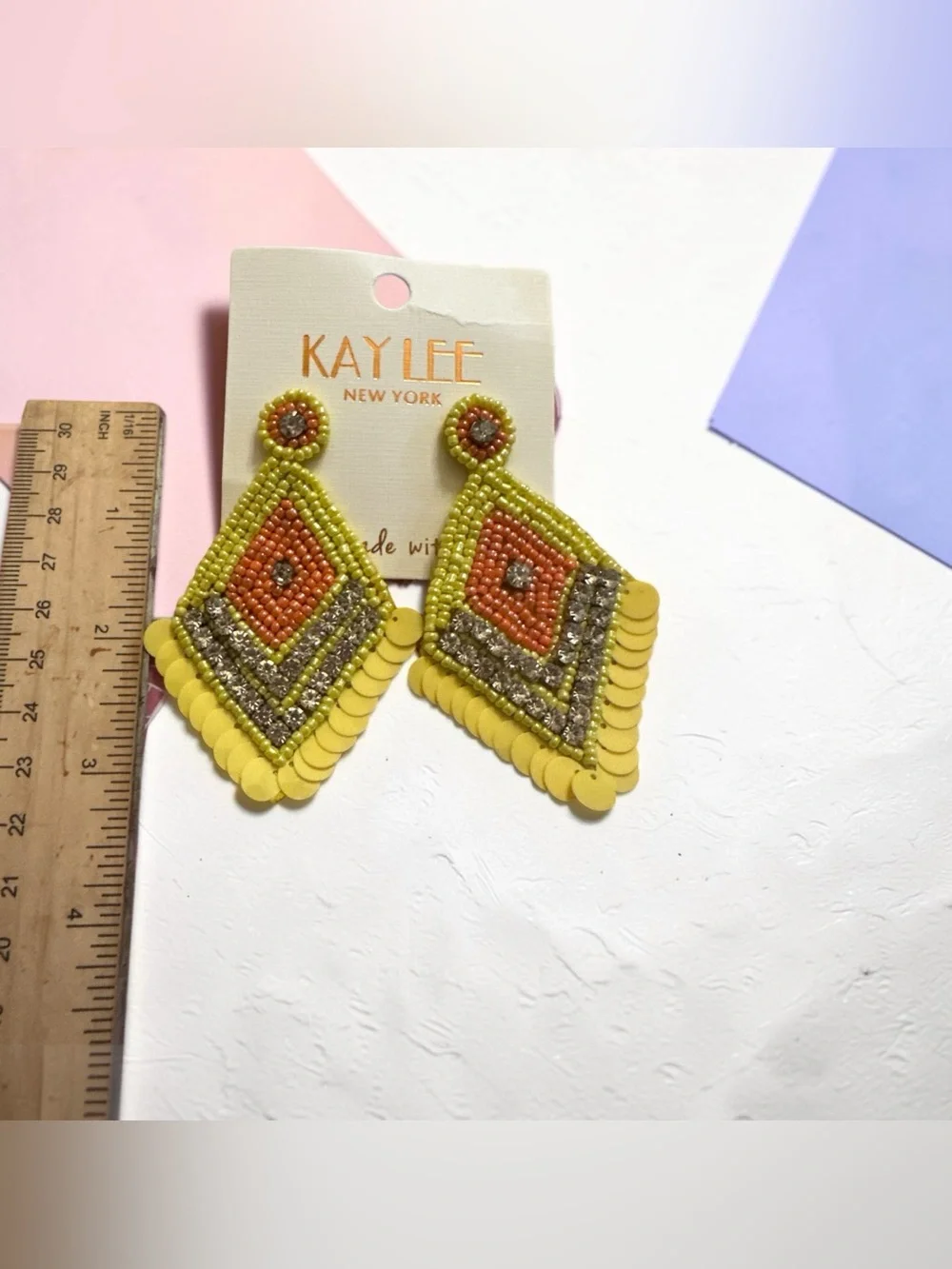 Kay Lee New York Yellow Coral Beaded Rhinestone Statement Earrings